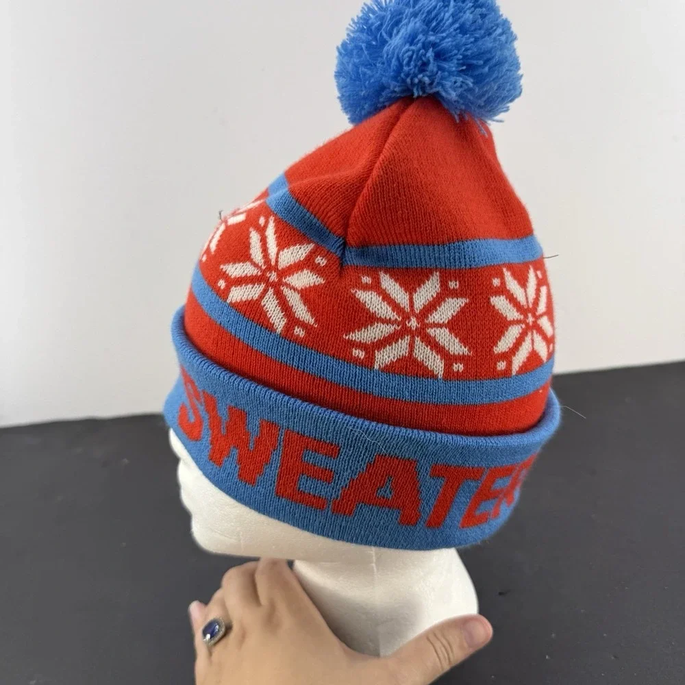 Ugly Sweater Run Beanie Red White Blue Pom Hat One Size